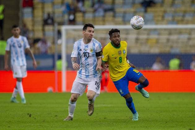 Maracana Stadium Argentina forward Lionel Messi and Brazilian midfielder Fred during the final of Copa America 2021, a football match between Argentina and Brazil, held at the Maracana Stadium in Rio de Janeiro, RJ, Brazil on Saturday July 10th 2021. Richard Callis SPP Argentina v Brazil - Copa America Final 2021 