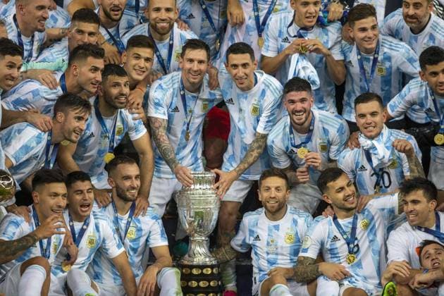 Maracana Stadium Argentina celebrate with trophy after winning the final of Copa America 2021 a football match between Argentina and Brazil 1-0 with the winning goal being scored by Angel di Maria, final was held at the Maracana Stadium in Rio de Janeiro, RJ, Brazil on Saturday July 10th 2021. Richard Callis SPP Argentina v Brazil - Copa America Final 2021 