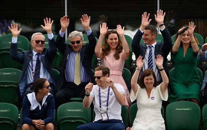 2021 Wimbledon Championship Royal Box Wheelchair Mens Final Gordon Reid , GBR and Joachim Gerard , Belgium HRH The Duchess of Cambridge , performing the Mexican Wave
