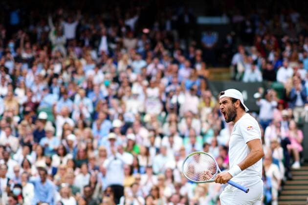 Mandatory Credit: Photo by Javier Garcia Shutterstock (12204578co) Matteo Berrettini celebrates winning the first set during the Gentlemen s Singles final Wimbledon Tennis Championships, Day 13, The All England Lawn Tennis and Croquet Club, London, UK - 11 Jul 2021 Wimbledon Tennis Championships, Day 13, The All England Lawn Tennis and Croquet Club, London, UK - 11 Jul 2021  Copyright: xJavierxGarcia Shutterstockx 12204578co