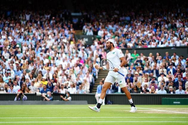 Mandatory Credit: Photo by Javier Garcia Shutterstock (12204578cp) Matteo Berrettini celebrates winning the first set during the Gentlemen s Singles final Wimbledon Tennis Championships, Day 13, The All England Lawn Tennis and Croquet Club, London, UK - 11 Jul 2021 Wimbledon Tennis Championships, Day 13, The All England Lawn Tennis and Croquet Club, London, UK - 11 Jul 2021  Copyright: xJavierxGarcia Shutterstockx 12204578cp