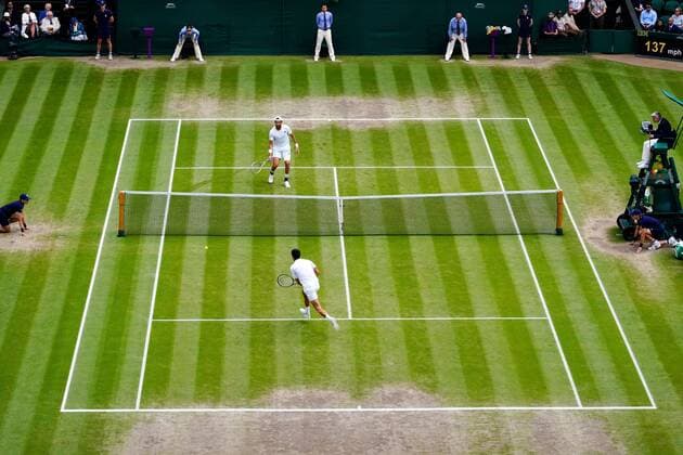 Mandatory Credit: Photo by Shutterstock (12204579ap) Novak Djokovic and Matteo Berrettini during the Gentlemen s Singles final Wimbledon Tennis Championships, Day 13, The All England Lawn Tennis and Croquet Club, London, UK - 11 Jul 2021 Wimbledon Tennis Championships, Day 13, The All England Lawn Tennis and Croquet Club, London, UK - 11 Jul 2021  Copyright: xShutterstockx 12204579ap