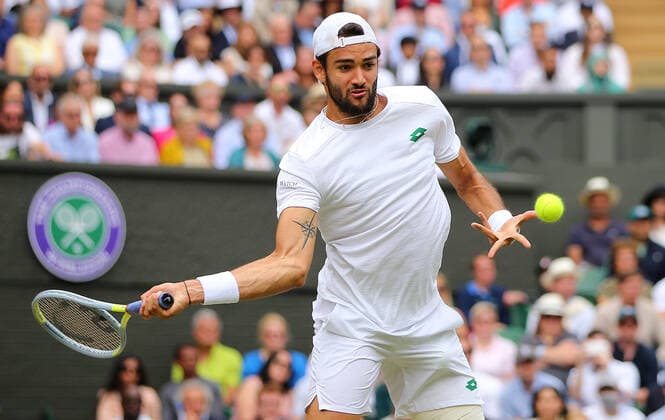 Mandatory Credit: Photo by Shutterstock (12204580i) Matteo Berrettini of Italy in action Wimbledon Tennis Championships, Day 13, The All England Lawn Tennis and Croquet Club, London, UK - 11 Jul 2021 Wimbledon Tennis Championships, Day 13, The All England Lawn Tennis and Croquet Club, London, UK - 11 Jul 2021  Copyright: xShutterstockx 12204580i