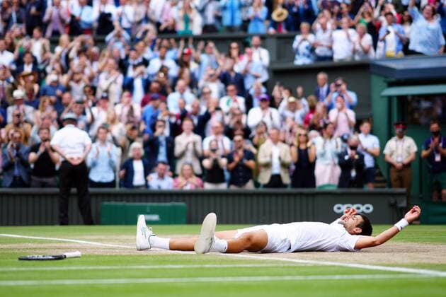Mandatory Credit: Photo by Javier Garcia Shutterstock (12204578fj) Novak Djokovic celebrates victory in the Gentlemen s Singles final Wimbledon Tennis Championships, Day 13, The All England Lawn Tennis and Croquet Club, London, UK - 11 Jul 2021 Wimbledon Tennis Championships, Day 13, The All England Lawn Tennis and Croquet Club, London, UK - 11 Jul 2021  Copyright: xJavierxGarcia Shutterstockx 12204578fj