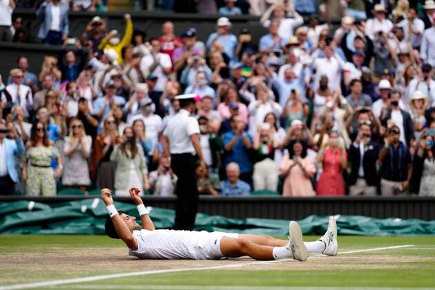 Mandatory Credit: Photo by Shutterstock (12204579dp) Novak Djokovic celebrates after victory in the Gentlemen s Singles final Wimbledon Tennis Championships, Day 13, The All England Lawn Tennis and Croquet Club, London, UK - 11 Jul 2021 Wimbledon Tennis Championships, Day 13, The All England Lawn Tennis and Croquet Club, London, UK - 11 Jul 2021  Copyright: xShutterstockx 12204579dp
