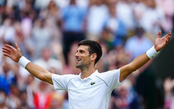 Mandatory Credit: Photo by Shutterstock (12204579dt) Novak Djokovic celebrates after victory in the Gentlemen s Singles final Wimbledon Tennis Championships, Day 13, The All England Lawn Tennis and Croquet Club, London, UK - 11 Jul 2021 Wimbledon Tennis Championships, Day 13, The All England Lawn Tennis and Croquet Club, London, UK - 11 Jul 2021  Copyright: xShutterstockx 12204579dt