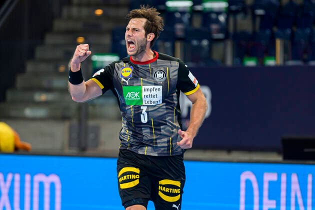 Nuremberg, Germany 11 July 2021 IHF Three Nations Tournament Germany vs Egypt Uwe Gensheimer Germany Rhein Neckar Loewen Jubel Freude Emotion Torjubel Torschuetze Torschütze Nürnberg Arena Nürnberger Versicherung Bayern Germany
