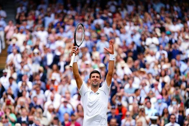 Mandatory Credit: Photo by Javier Garcia Shutterstock (12204578go) Novak Djokovic celebrates after victory in the Gentlemen s Singles final Wimbledon Tennis Championships, Day 13, The All England Lawn Tennis and Croquet Club, London, UK - 11 Jul 2021 Wimbledon Tennis Championships, Day 13, The All England Lawn Tennis and Croquet Club, London, UK - 11 Jul 2021  Copyright: xJavierxGarcia Shutterstockx 12204578go