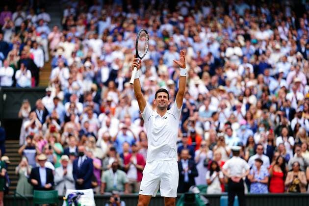 Mandatory Credit: Photo by Javier Garcia Shutterstock (12204578gr) Novak Djokovic celebrates after victory in the Gentlemen s Singles final Wimbledon Tennis Championships, Day 13, The All England Lawn Tennis and Croquet Club, London, UK - 11 Jul 2021 Wimbledon Tennis Championships, Day 13, The All England Lawn Tennis and Croquet Club, London, UK - 11 Jul 2021  Copyright: xJavierxGarcia Shutterstockx 12204578gr