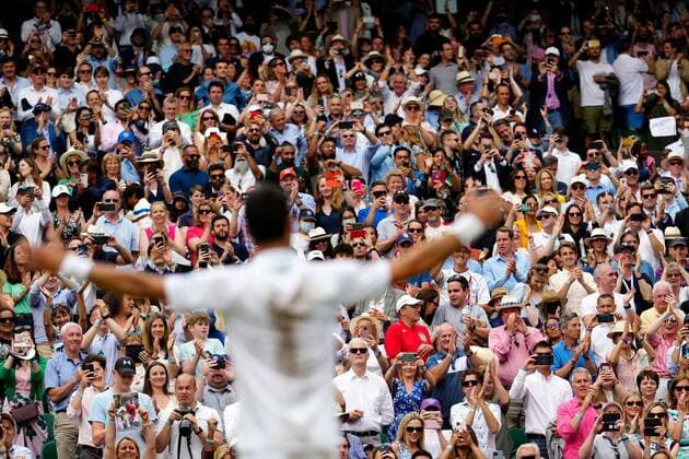 Mandatory Credit: Photo by Shutterstock (12204579ea) Novak Djokovic celebrates with the crowd after victory in the Gentlemen s Singles final Wimbledon Tennis Championships, Day 13, The All England Lawn Tennis and Croquet Club, London, UK - 11 Jul 2021 Wimbledon Tennis Championships, Day 13, The All England Lawn Tennis and Croquet Club, London, UK - 11 Jul 2021  Copyright: xShutterstockx 12204579ea