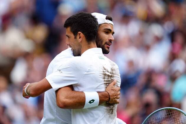 Mandatory Credit: Photo by Javier Garcia Shutterstock (12204578hg) Novak Djokovic celebrates after victory in the Gentlemen s Singles final and is congratulated by Matteo Berrettini Wimbledon Tennis Championships, Day 13, The All England Lawn Tennis and Croquet Club, London, UK - 11 Jul 2021 Wimbledon Tennis Championships, Day 13, The All England Lawn Tennis and Croquet Club, London, UK - 11 Jul 2021  Copyright: xJavierxGarcia Shutterstockx 12204578hg