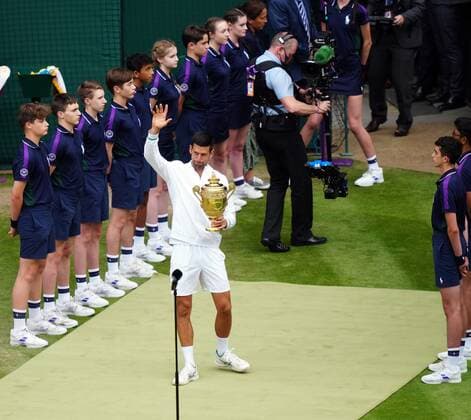 Mandatory Credit: Photo by Shutterstock (12204579ek) Novak Djokovic celebrates with the trophy after victory in the Gentlemen s Singles final Wimbledon Tennis Championships, Day 13, The All England Lawn Tennis and Croquet Club, London, UK - 11 Jul 2021 Wimbledon Tennis Championships, Day 13, The All England Lawn Tennis and Croquet Club, London, UK - 11 Jul 2021  Copyright: xShutterstockx 12204579ek