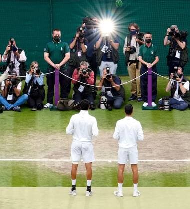 Mandatory Credit: Photo by Shutterstock (12204579ew) Novak Djokovic and Matteo Berrettini pose with their trophies after the Gentlemen s Singles final Wimbledon Tennis Championships, Day 13, The All England Lawn Tennis and Croquet Club, London, UK - 11 Jul 2021 Wimbledon Tennis Championships, Day 13, The All England Lawn Tennis and Croquet Club, London, UK - 11 Jul 2021  Copyright: xShutterstockx 12204579ew