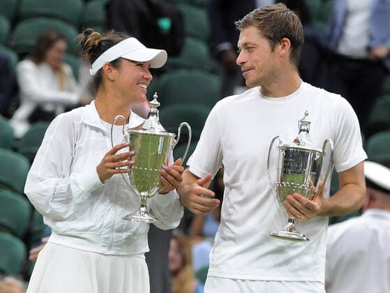 Lawn Tennis - 2021 All England Championships - Men™s Final Sunday - Wimbledon - Mixed Doubles Final on Centre Court. Neal Skupski and Desirae Krawczyk v Joe Salisbury and Harriet Dart Neal Skupski and Desirae Krawczyk with their trophies 