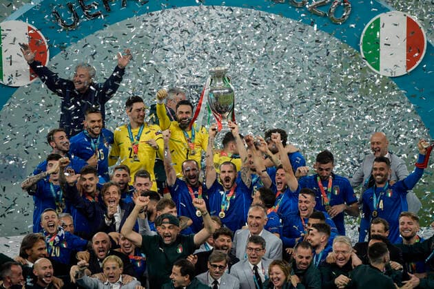 Italian players celebrate for victory of the UEFA EURO, EM, Europameisterschaft,Fussball 2020 Final football match between Italy and England at Wembley stadium in London (England), July 11th, 2021. Photo Andrea Staccioli Insidefoto andreaxstaccioli
