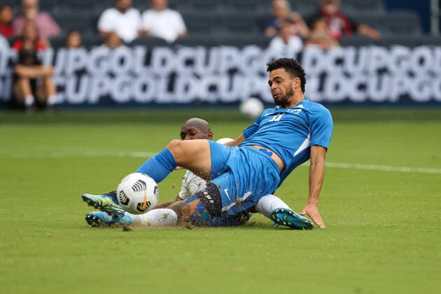 KANSAS CITY, KS - Jul 11: Martinique forward Emmanuel Riviere (11) scores a goal in the first half of a Concacaf Gold Cup match between Canada and Martinique on Jul 11, 2021 at Children s Mercy Park in Kansas City, KS. (Photo by Scott Winters Icon Sportswire) SOCCER: JUL 11 Concacaf Gold Cup - Canada v Martinique Icon2107110048