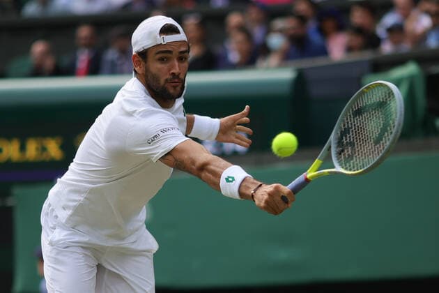 (210712) -- LONDON, July 12, 2021 -- Matteo Berrettini of Italy hits a return during the men s final match between Novak Djokovic of Serbia and Matteo Berrettini of Italy at Wimbledon tennis Championship in London, Britain, on July 11, 2021. (Photo by Xinhua) (SP)BRITAIN-LONDON-TENNIS-WIMBLEDON-MEN S FINAL TimxIreland 