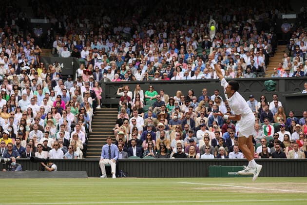 (210712) -- LONDON, July 12, 2021 -- Novak Djokovic of Serbia serves during the men s final match between Novak Djokovic of Serbia and Matteo Berrettini of Italy at Wimbledon tennis Championship in London, Britain, on July 11, 2021. (Photo by Xinhua) (SP)BRITAIN-LONDON-TENNIS-WIMBLEDON-MEN S FINAL TimxIreland 
