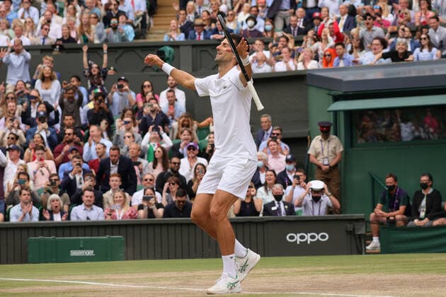(210712) -- LONDON, July 12, 2021 -- Novak Djokovic of Serbia celebrates after winning the men s final match between Novak Djokovic of Serbia and Matteo Berrettini of Italy at Wimbledon tennis Championship in London, Britain, on July 11, 2021. (Photo by Xinhua) (SP)BRITAIN-LONDON-TENNIS-WIMBLEDON-MEN S FINAL TimxIreland 