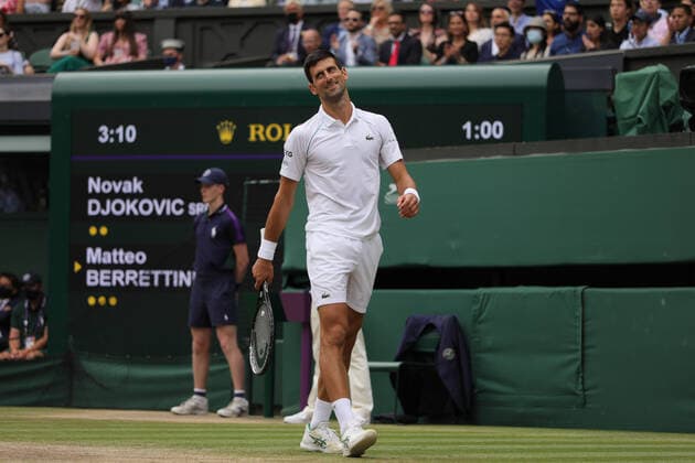 (210712) -- LONDON, July 12, 2021 -- Novak Djokovic of Serbia reacts during the men s final match between Novak Djokovic of Serbia and Matteo Berrettini of Italy at Wimbledon tennis Championship in London, Britain, on July 11, 2021. (Photo by Xinhua) (SP)BRITAIN-LONDON-TENNIS-WIMBLEDON-MEN S FINAL TimxIreland 