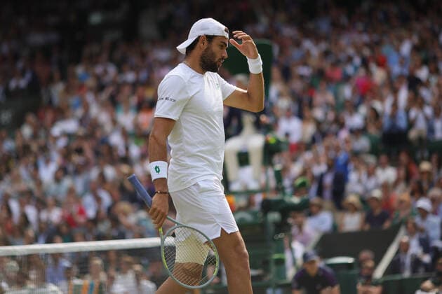 (210712) -- LONDON, July 12, 2021 -- Matteo Berrettini of Italy reacts during the men s final match between Novak Djokovic of Serbia and Matteo Berrettini of Italy at Wimbledon tennis Championship in London, Britain, on July 11, 2021. (Photo by Xinhua) (SP)BRITAIN-LONDON-TENNIS-WIMBLEDON-MEN S FINAL TimxIreland 