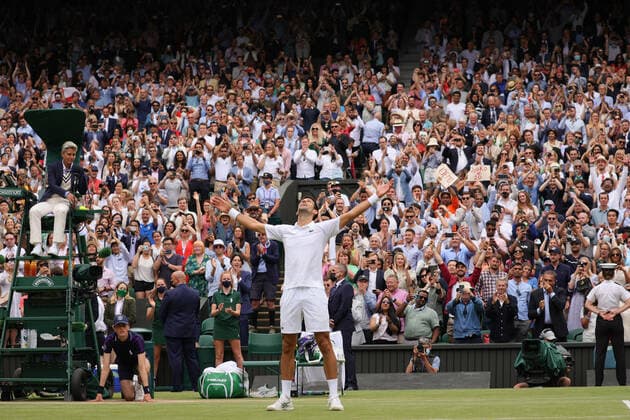 (210712) -- LONDON, July 12, 2021 -- Novak Djokovic of Serbia celebrates after winning the men s final match between Novak Djokovic of Serbia and Matteo Berrettini of Italy at Wimbledon tennis Championship in London, Britain, on July 11, 2021. (Photo by Xinhua) (SP)BRITAIN-LONDON-TENNIS-WIMBLEDON-MEN S FINAL TimxIreland 