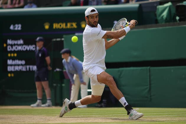 (210712) -- LONDON, July 12, 2021 -- Matteo Berrettini of Italy hits a return during the men s final match between Novak Djokovic of Serbia and Matteo Berrettini of Italy at Wimbledon tennis Championship in London, Britain, on July 11, 2021. (Photo by Xinhua) (SP)BRITAIN-LONDON-TENNIS-WIMBLEDON-MEN S FINAL TimxIreland 