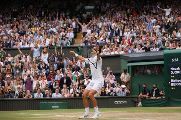 (210712) -- LONDON, July 12, 2021 -- Novak Djokovic of Serbia celebrates after winning the men s final match between Novak Djokovic of Serbia and Matteo Berrettini of Italy at Wimbledon tennis Championship in London, Britain, on July 11, 2021. (Photo by Xinhua) (SP)BRITAIN-LONDON-TENNIS-WIMBLEDON-MEN S FINAL TimxIreland 