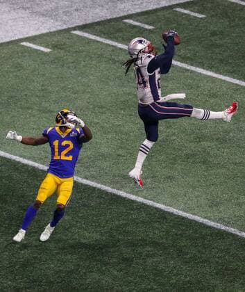Mandatory Credit: Photo by Dave Shopland BPI Shutterstock (10081923cq) The Los Angeles Rams attempt a late comeback in the fourth quarter as LA Rams wide receiver Brandin Cooks (12) reaches out for the ball, for it to be intercepted by New England Patriots corner back Stephon Gilmore (24) at the 3 yard line Los Angeles Rams v New England Patriots, Super Bowl, Mercedes Benz Stadium, Atlanta, Georgia, USA, 03 Feb 2019 Los Angeles Rams v New England Patriots, Super Bowl, Mercedes Benz Stadium, Atlanta, Georgia, USA, 03 Feb 2019  Copyright: xDavexShopland BPI Shutterstockx 10081923cq