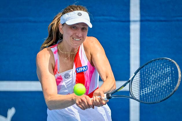 Mona Barthel of Germany plays a return to Viktoria Kuzmova of Slovakia during the Livesport Prague Open WTA, Tennis Damen women’s tennis tournament in Prague, Czech Republic, July 13, 2021. (CTKxPhoto VitxSimanek) CTKPhotoP2021071303459  VIS 006