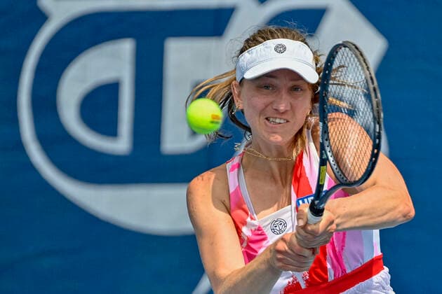 Mona Barthel of Germany plays a return to Viktoria Kuzmova of Slovakia during the Livesport Prague Open WTA, Tennis Damen women’s tennis tournament in Prague, Czech Republic, July 13, 2021. (CTKxPhoto VitxSimanek) CTKPhotoP2021071303494  VIS 007