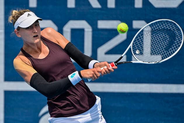 Samantha Murray Sharan of Britain plays a return to Tereza Martincova of Czech Republic during the Livesport Prague Open WTA, Tennis Damen women’s tennis tournament in Prague, Czech Republic, July 13, 2021. (CTKxPhoto VitxSimanek) CTKPhotoP2021071304272  VIS 009