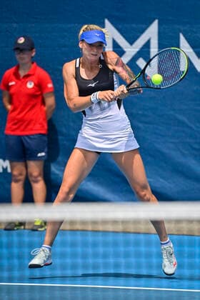 Tereza Martincova of Czech Republic plays a return to Samantha Murray Sharan of Britain during the Livesport Prague Open WTA, Tennis Damen women’s tennis tournament in Prague, Czech Republic, July 13, 2021. (CTKxPhoto VitxSimanek) CTKPhotoP2021071304449  VIS 010