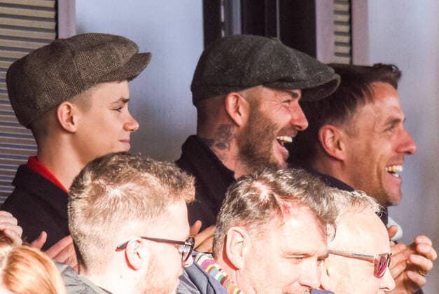 Mandatory Credit: Photo by James Speakman Mercury Press Shutterstock (10108642as) Romeo Beckham, David Beckham and Phil Neville celebrate Salford City scoring the first Goal of the match. Salford City FC vs Dover Athletic, Vanarama National League, Football, The Peninsula Stadium, Salford, Greater Manchester, United Kingdom - 16 Feb 2019 Editorial use only Salford City FC vs Dover Athletic, Vanarama National League, Football, The Peninsula Stadium, Salford, Greater Manchester, United Kingdom - 16 Feb 2019 Editorial use only Copyright: xJamesxSpeakman MercuryxPress Shutterstockx 10108642as
