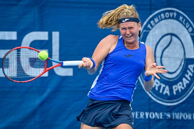 Marie Bouzkova of Czech Republic plays a return to Storm Sanders of Australia during the Livesport Prague Open WTA, Tennis Damen women’s tennis tournament in Prague, Czech Republic, July 13, 2021. (CTKxPhoto VitxSimanek) CTKPhotoP2021071305515  VIS 014