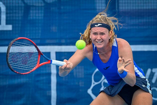 Marie Bouzkova of Czech Republic plays a return to Storm Sanders of Australia during the Livesport Prague Open WTA, Tennis Damen women’s tennis tournament in Prague, Czech Republic, July 13, 2021. (CTKxPhoto VitxSimanek) CTKPhotoP2021071305825  VIS 012