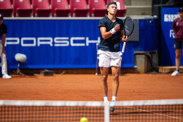 210713 Holger Rune, Denmark, cheers in singles during day 9 of the Nordea Open on 13 July 2021 in Bastad,  Copyright: MATHILDAxAHLBERG BB210713BB172