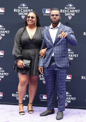 Baltimore Orioles Cedric Mullins poses with his wife during the MLB, Baseball Herren, USA All-Star Red Carpet Show at Coors Field in Denver, Colorado, on Tuesday, July 13, 2021.  DEN20210713534 BOBxSTRONG