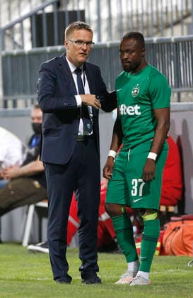 14.07.2021 Belgrade(Serbia) FC Shakhtyor Soligorsk-PFC Ludogorets Champions League qualifiers 1st leg men s football Valdas Dambrauskas (L) Ludogorets coach,Bernhard Tekpetey (R) :