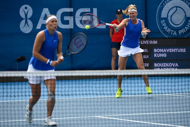 Lucie Hradecka, left, and Marie Bouzkova (CZE) during the match against Ysaline Bonaventure (BEL) and Leonie Kung (SUI) within the Livesport Prague Open WTA, Tennis Damen women’s tennis tournament in Prague, Czech Republic, on Wednesday, July 14, 2021. (CTKxPhoto OndrejxDeml) CTKPhotoP2021071405286  dml_002