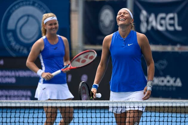 Lucie Hradecka, right, and Marie Bouzkova (CZE) during the match against Ysaline Bonaventure (BEL) and Leonie Kung (SUI) within the Livesport Prague Open WTA, Tennis Damen women’s tennis tournament in Prague, Czech Republic, on Wednesday, July 14, 2021. (CTKxPhoto OndrejxDeml) CTKPhotoP2021071405287  dml_003