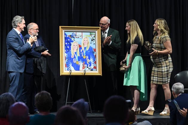 July 14, 2021: North Dakota Governor Doug Burgum (far left) presents the state s highest honor, the Theodore Roosevelt Rough Rider Award to olympic gold medalists Monique Lamoureux-Morando (left) and twin sister Jocelyne Lamoureux-Davidson (right) during a ceremony at the Ralph Engelstad Arena, Grand Forks, ND. Also pictured North Dakota State Historical Society Director Bill Peterson (second from left), and North Dakota Secretary of State Al Jaeger (center). CSM St. Paul USA - ZUMAc04_ 20210714_zaf_c04_004 Copyright: xRussellxHonsx
