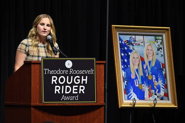 July 14, 2021: Jocelyne Lamoureux-Davidson addresses the crowd after North Dakota Governor Doug Burgum presents the state s highest honor, the Theodore Roosevelt Rough Rider Award to olympic gold medalists Monique Lamoureux-Morando and twin sister Jocelyne Lamoureux-Davidson during a ceremony at the Ralph Engelstad Arena, Grand Forks, ND. CSM St. Paul USA - ZUMAc04_ 20210714_zaf_c04_006 Copyright: xRussellxHonsx