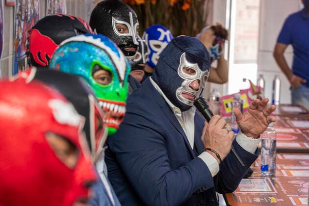 Wrestling Event press conference, PK, Pressekonferenz To Celebrate 37th Anniversary Of Blue Demon Jr MEXICO CITY, MEXICO - JULY 14: Wrestler Blue Demon Jr during a Press Conference to promote a wrestling event at the Lopez Mateos Arena to celebrate their 37th anniversary of sports career of the wrestling legend Blue Demon Jr at Taqueria Chabelo on July 14, 2021 in Mexico City, Mexico. Copyright: xRicardoxFloresx EYEPIXGROUP_RFE_14072021_10553