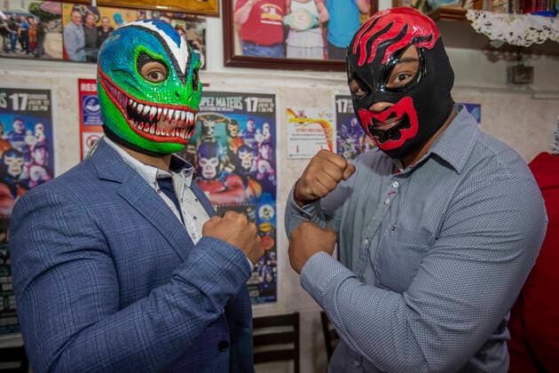 Wrestling Event press conference, PK, Pressekonferenz To Celebrate 37th Anniversary Of Blue Demon Jr MEXICO CITY, MEXICO - JULY 14: Wrestlers Raptor and Mala Sangre during a Press Conference to promote a wrestling event at the Lopez Mateos Arena to celebrate the 37th anniversary of sports career of the wrestling legend Blue Demon Jr at Taqueria Chabelo on July 14, 2021 in Mexico City, Mexico. Copyright: xRicardoxFloresx EYEPIXGROUP_RFE_14072021_10565