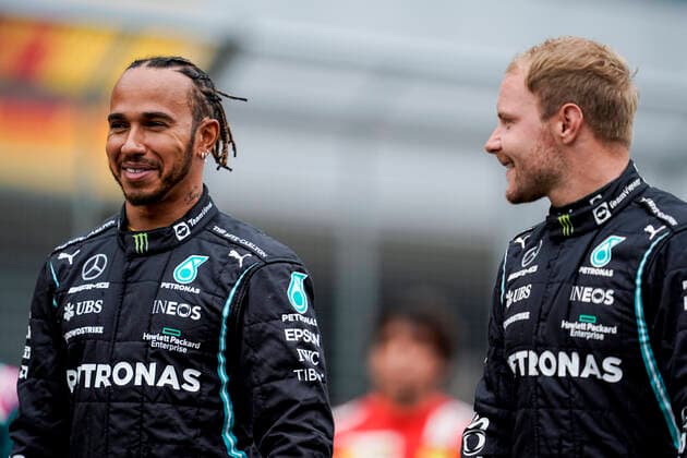 July 15, 2021, Towcester, Great Britain: LEWIS HAMILTON of Great Britain and Mercedes-AMG F1 Team and VALTTERI BOTTAS of Finland and Mercedes-AMG F1 Team are seen during the presentation of the 2022 Formula 1 car at Silverstone Circuit in Towcester, Great Britain. Towcester Great Britain - ZUMAg147 20210715_zap_g147_047 Copyright: xJamesxGasperottix