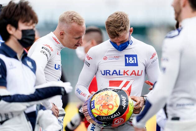 July 15, 2021, Towcester, Great Britain: NIKITA MAZEPIN of Russia and Haas F1 Team and MICK SCHUMACHER of Germany and Haas F1 Team are seen during the presentation of the 2022 Formula 1 car at Silverstone Circuit in Towcester, Great Britain. Towcester Great Britain - ZUMAg147 20210715_zap_g147_069 Copyright: xJamesxGasperottix