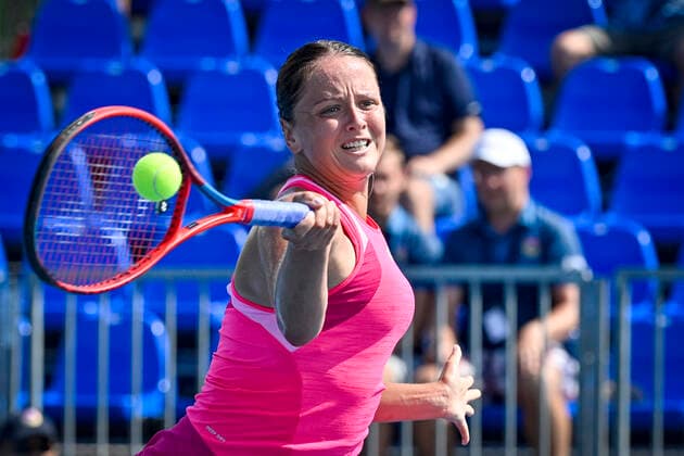 Viktoria Kuzmova of Slovakia in action during the match against Czech Tereza Martincova within the Livesport Prague Open WTA, Tennis Damen women’s tennis tournament in Prague, Czech Republic, on Wednesday, July 15, 2021. (CTKxPhoto VitxSimanek) CTKPhotoP2021071603376  VIS 003