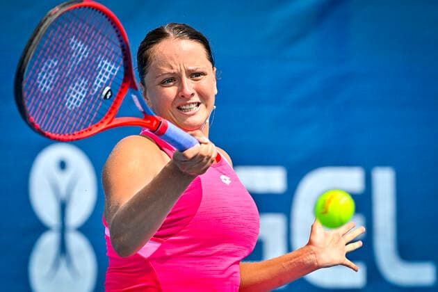Viktoria Kuzmova of Slovakia in action during the match against Czech Tereza Martincova within the Livesport Prague Open WTA, Tennis Damen women’s tennis tournament in Prague, Czech Republic, on Wednesday, July 15, 2021. (CTKxPhoto VitxSimanek) CTKPhotoP2021071603470  VIS 005