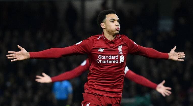 Mandatory Credit: Photo by Ryan Browne BPI Shutterstock (9991381fr) Trent Alexander-Arnold of Liverpool celebrates his goal. Watford v Liverpool, Premier League, Football, Vicarage Road, Watford, UK - 24 Nov 2018 EDITORIAL USE ONLY No use with unauthorised audio, video, data, fixture lists (outside the EU), club league logos or live services. Online in-match use limited to 45 images (+15 in extra time). No use to emulate moving images. No use in betting, games o Watford v Liverpool, Premier League, Football, Vicarage Road, Watford, UK - 24 Nov 2018 EDITORIAL USE ONLY No use with unauthorised audio, video, data, fixture lists (outside the EU), club league logos or live services. Online in-match use limited to 45 images (+15 in extra time). No use to emulate moving images. No use in betting, games o Copyright: xRyanxBrowne BPI Shutterstockx 9991381fr